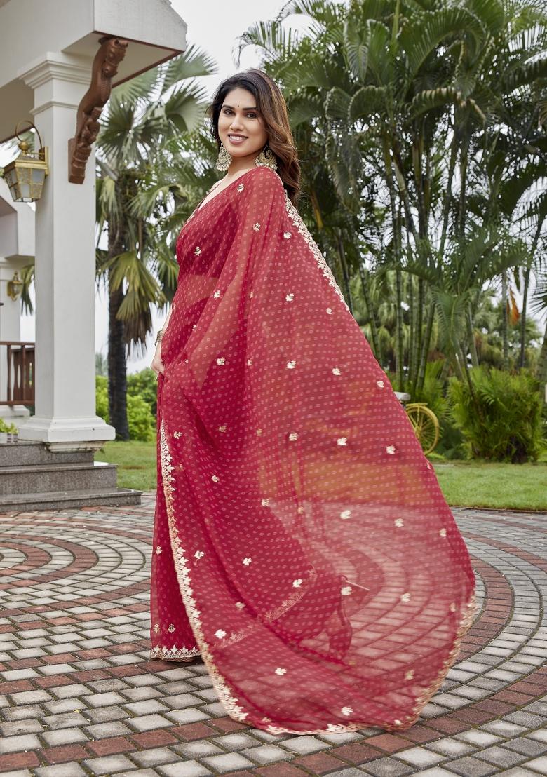 Maroon Embroidered Georgette Saree Set - Indya