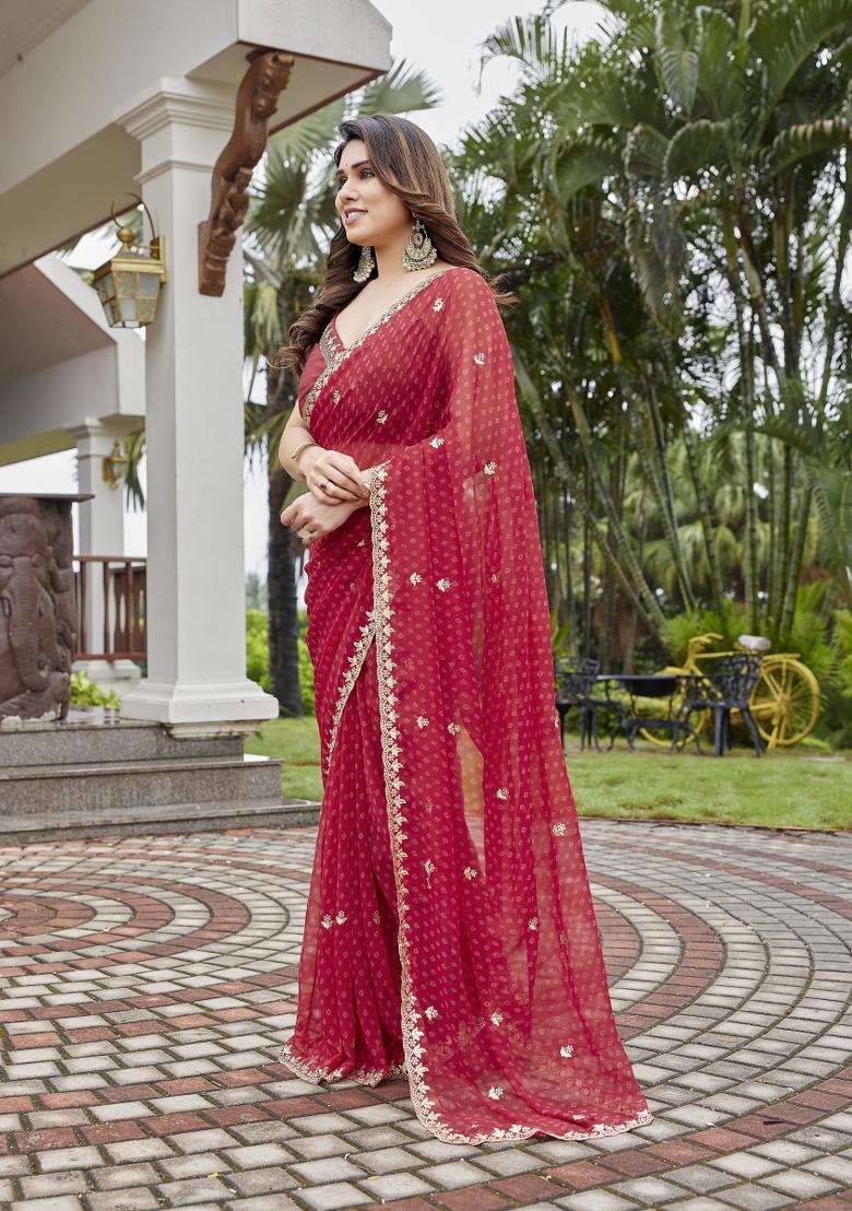 Maroon Embroidered Georgette Saree Set - Indya