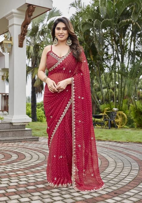 Maroon Embroidered Georgette Saree Set