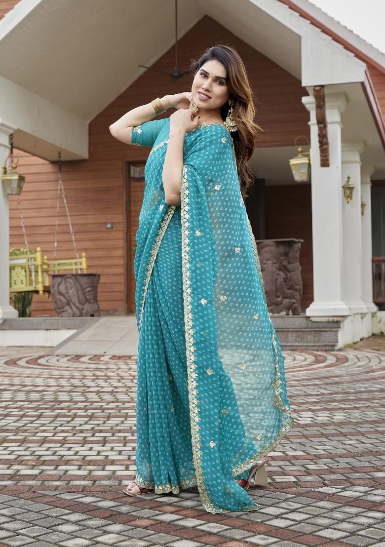 Turquoise Blue Embroidered Georgette Saree Set - Indya
