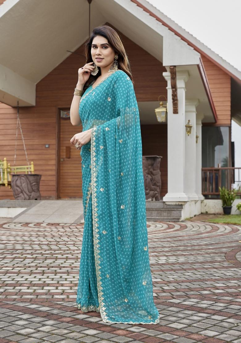Turquoise Blue Embroidered Georgette Saree Set - Indya