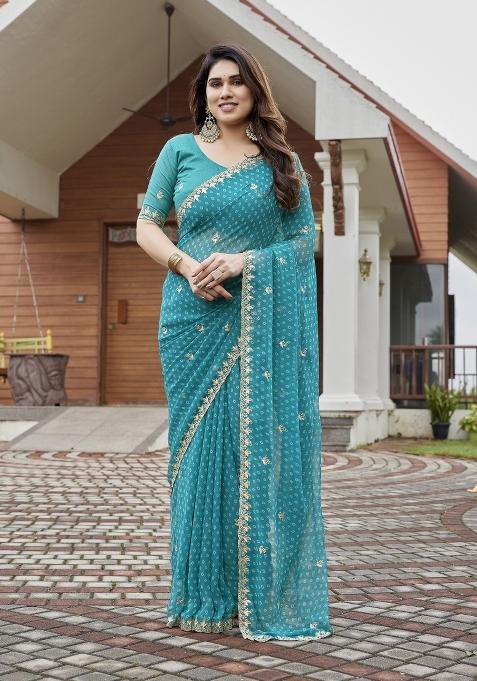 Turquoise Blue Embroidered Georgette Saree Set