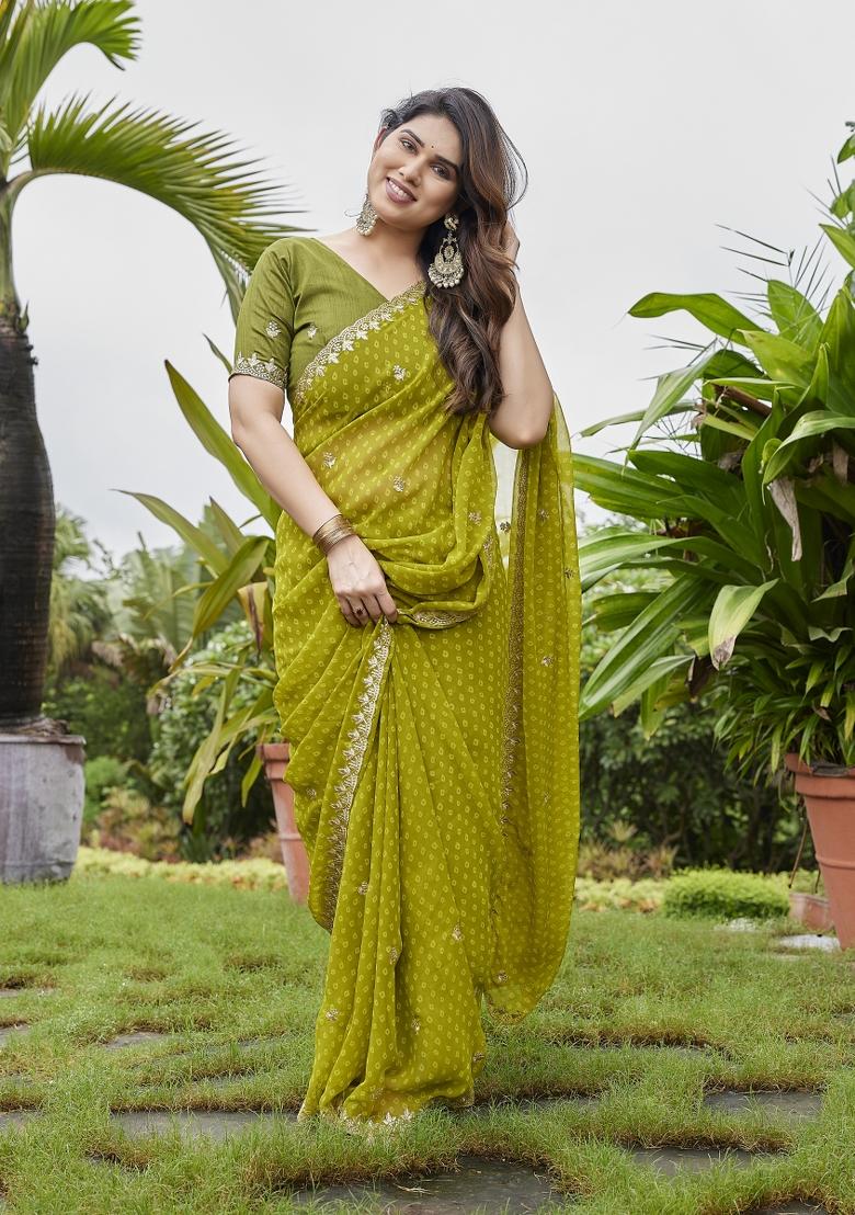Green Embroidered Georgette Saree Set - Indya