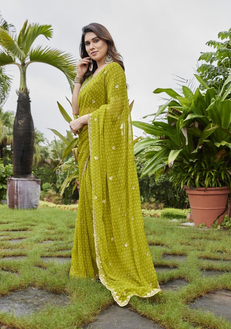 Green Embroidered Georgette Saree Set - Indya