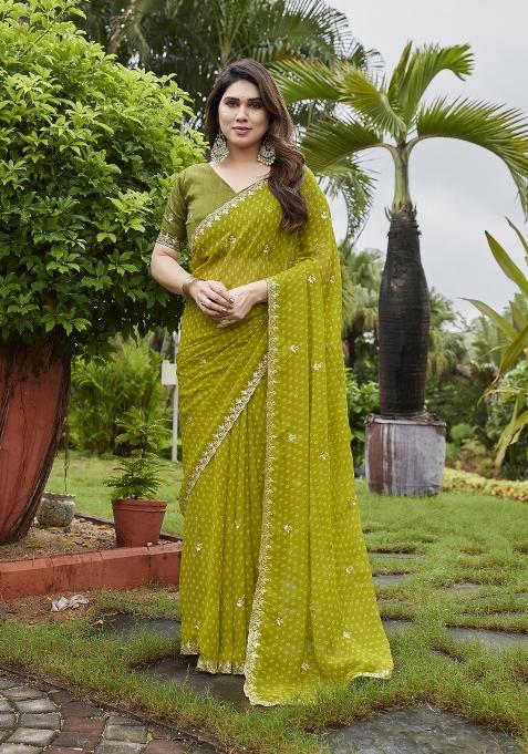 Green Embroidered Georgette Saree Set