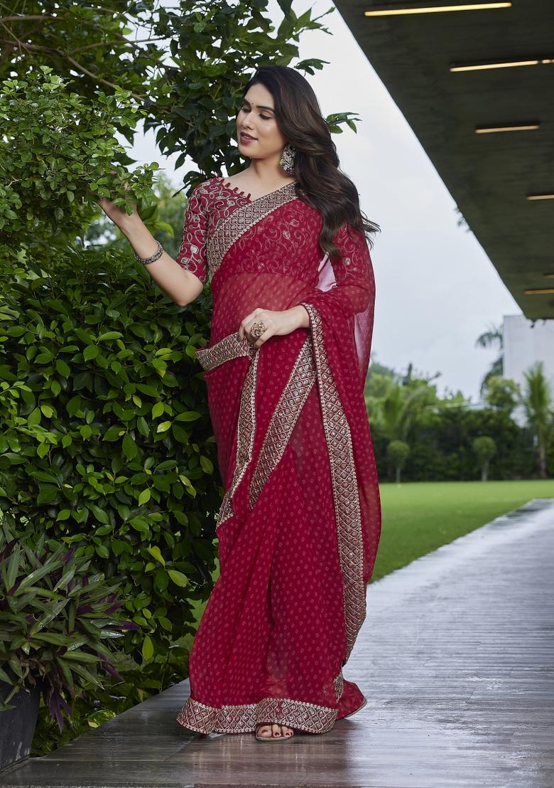 Maroon Embroidered Georgette Saree Set - Indya