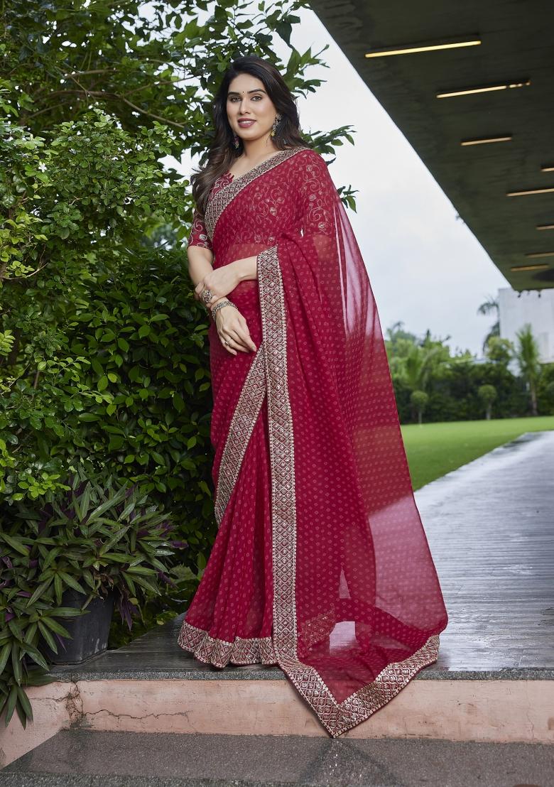 Maroon Embroidered Georgette Saree Set - Indya
