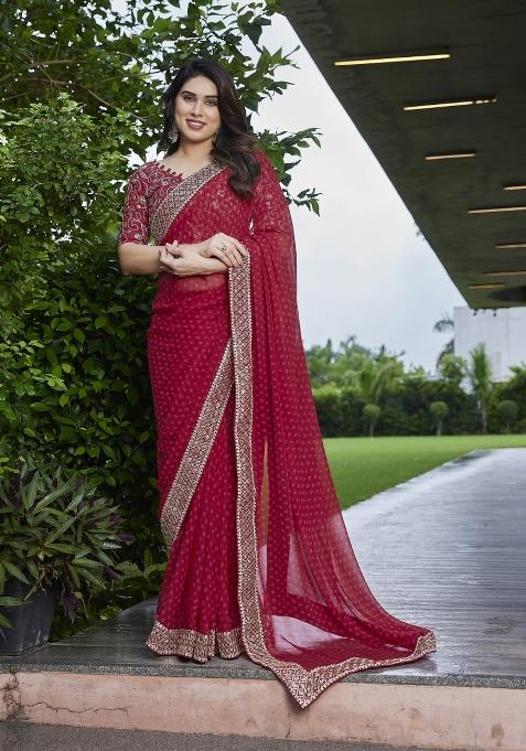 Maroon Embroidered Georgette Saree Set