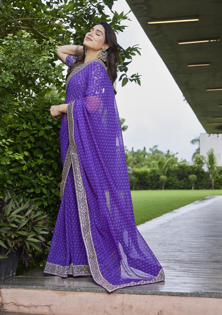 Purple Embroidered Georgette Saree Set - Indya