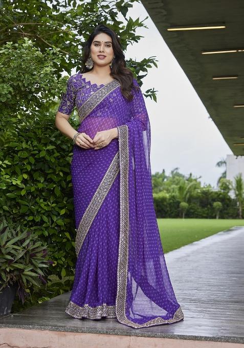 Purple Embroidered Georgette Saree Set