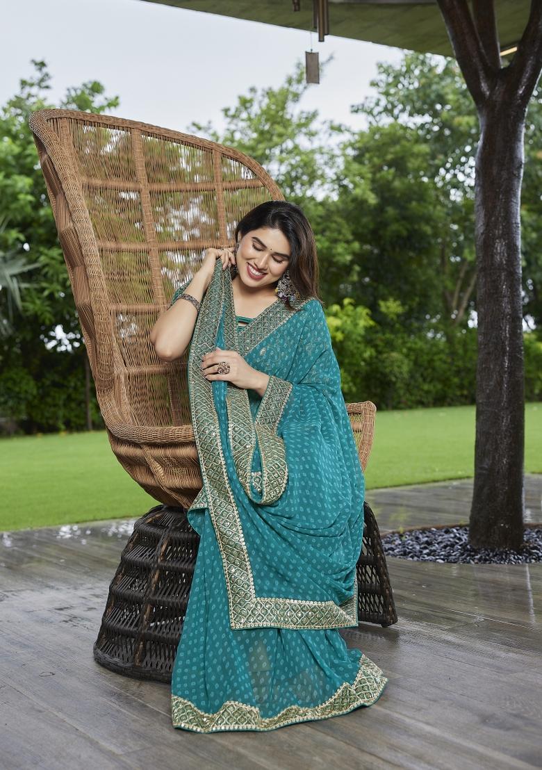 Turquoise Blue Embroidered Georgette Saree Set - Indya