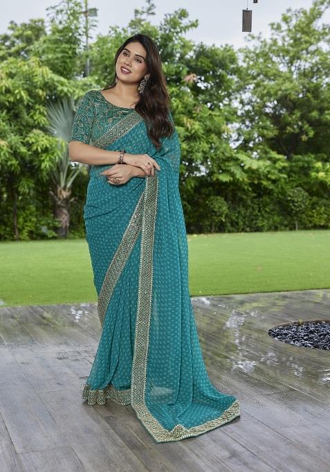 Turquoise Blue Embroidered Georgette Saree Set