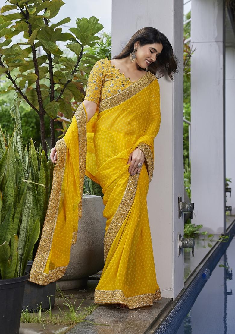 Yellow Embroidered Georgette Saree Set - Indya