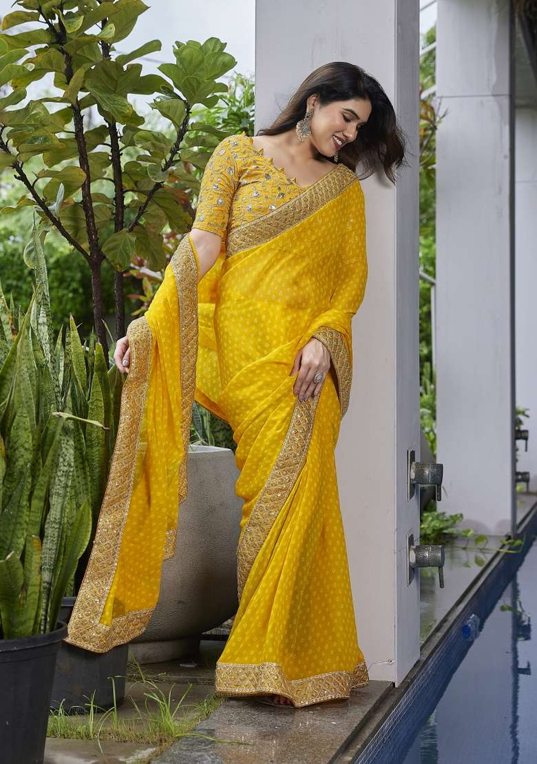 Yellow Georgette Saree Set with Embroidered for Diwali | Wedding & Festive Wear - Indya