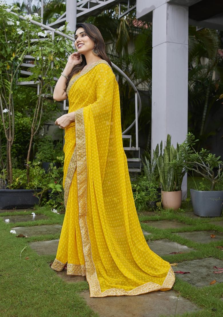 Yellow Embroidered Georgette Saree Set - Indya