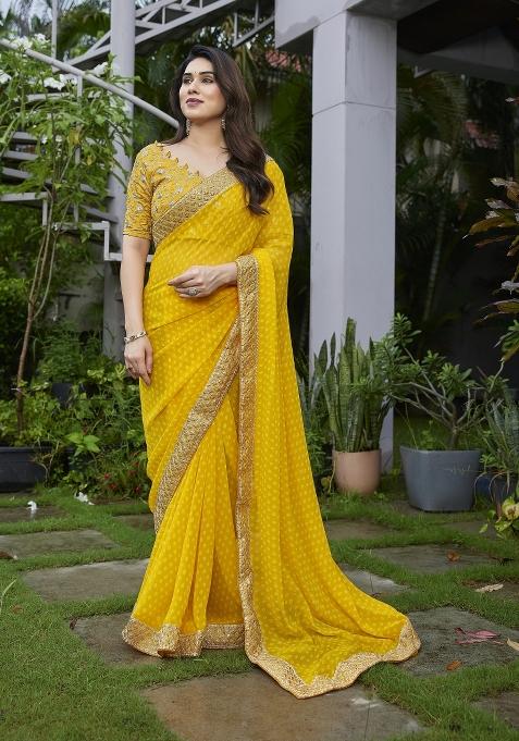 Yellow Embroidered Georgette Saree Set