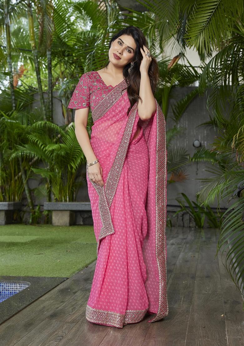 Pink Embroidered Georgette Saree Set - Indya
