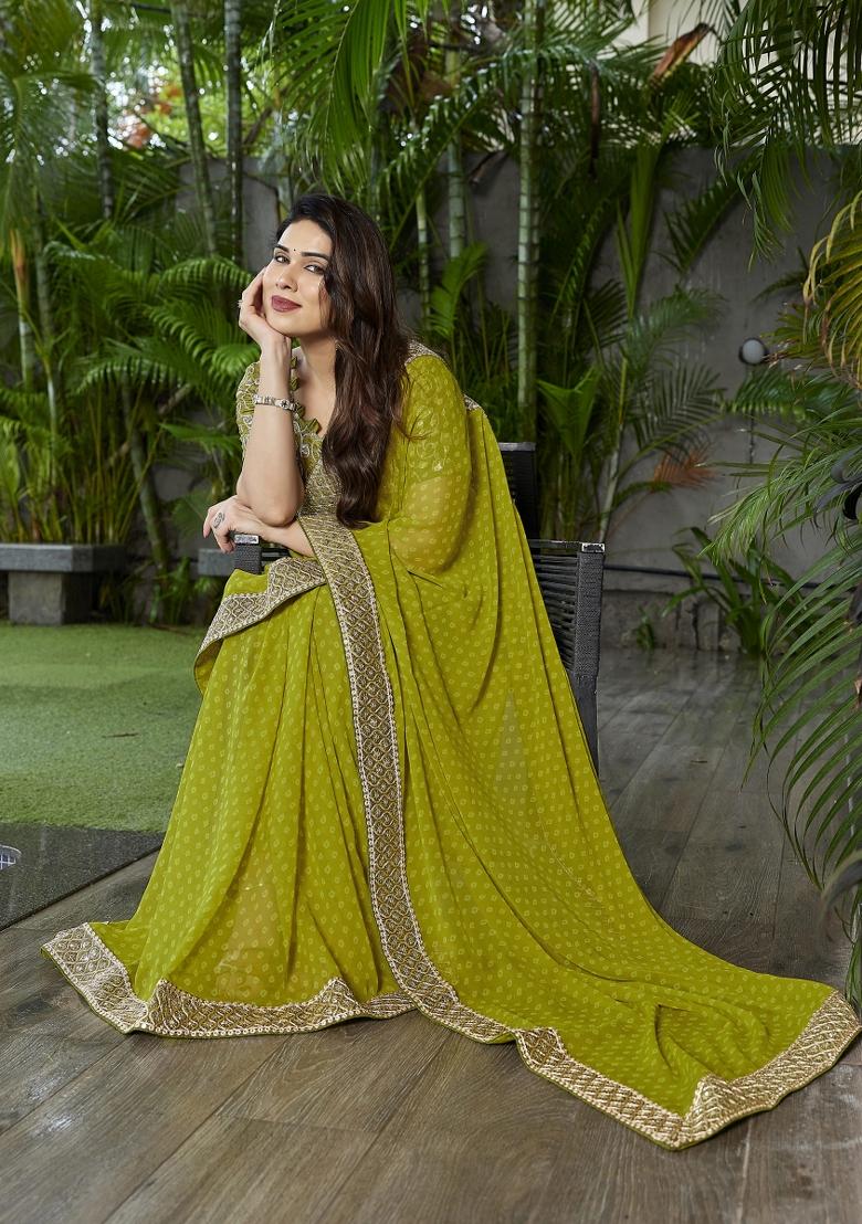 Green Embroidered Georgette Saree Set - Indya