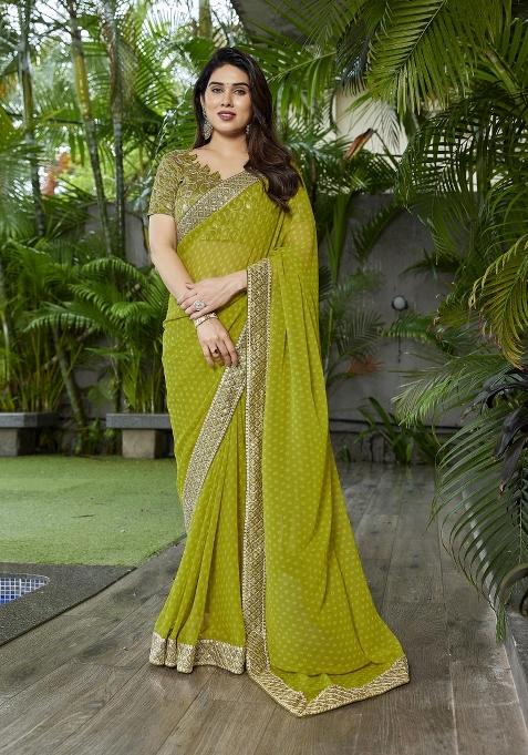 Green Embroidered Georgette Saree Set