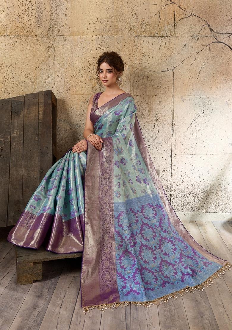 Blue Zari Work Kanjivaram Saree Set - Indya