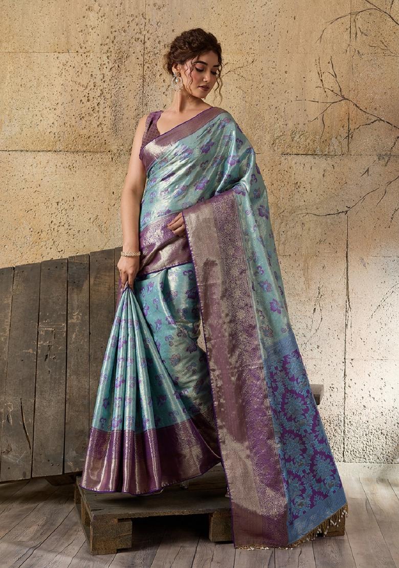 Blue Zari Work Kanjivaram Saree Set - Indya