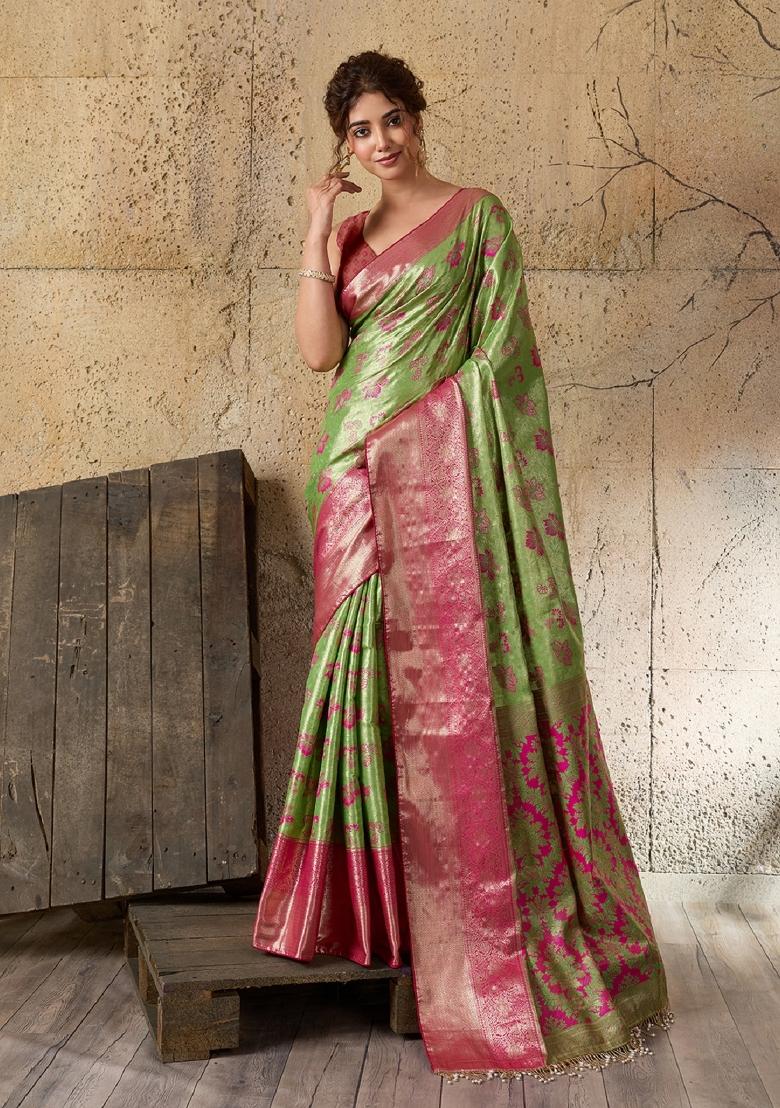 Green Zari Work Kanjivaram Saree Set - Indya
