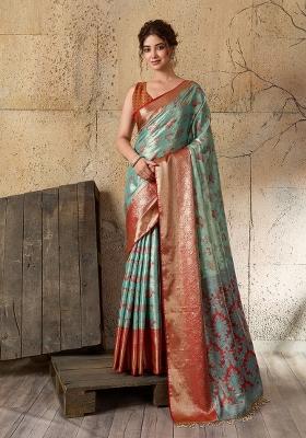 Turquoise Blue Zari Work Kanjivaram Saree Set