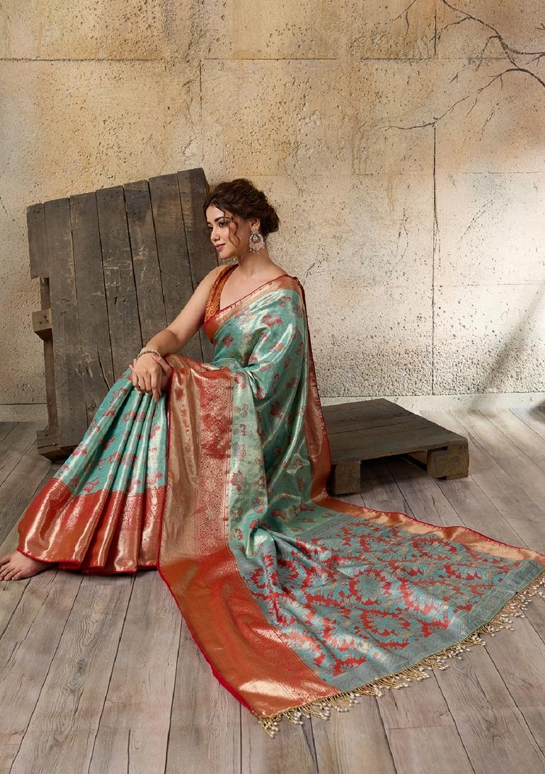 Turquoise Blue Zari Work Kanjivaram Saree Set - Indya