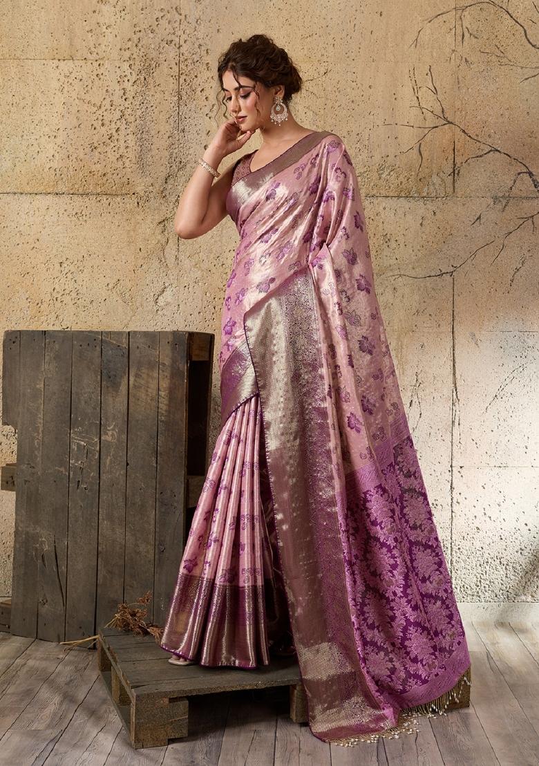Baby Pink Zari Work Kanjivaram Saree Set - Indya