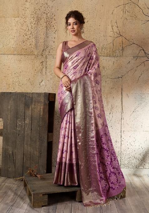 Baby Pink Zari Work Kanjivaram Saree Set