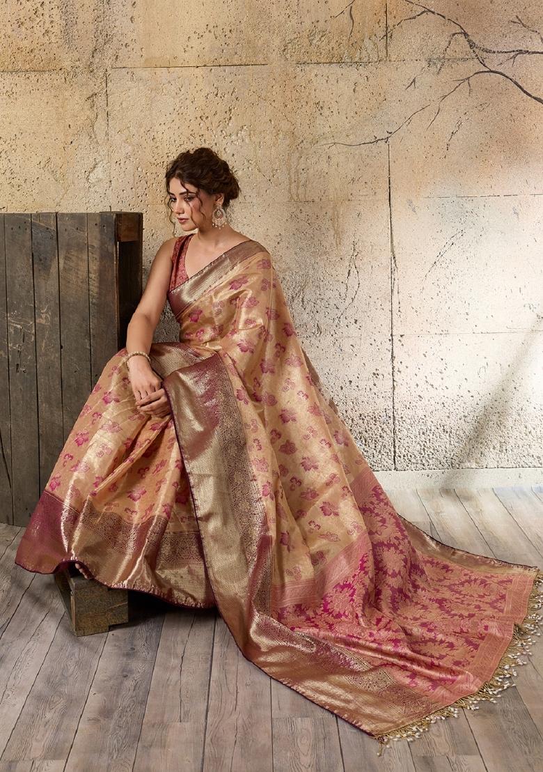 Golden Beige Zari Work Kanjivaram Saree Set - Indya