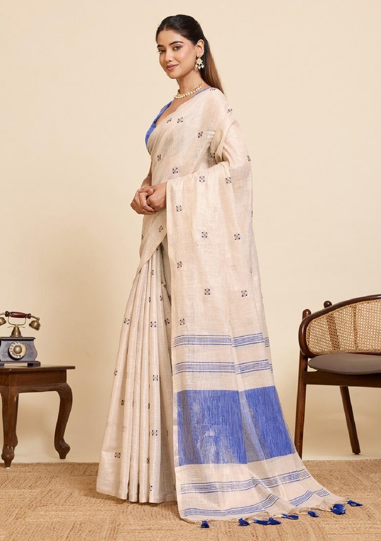 Blue Embroidered Silk Blend Saree Set - Indya
