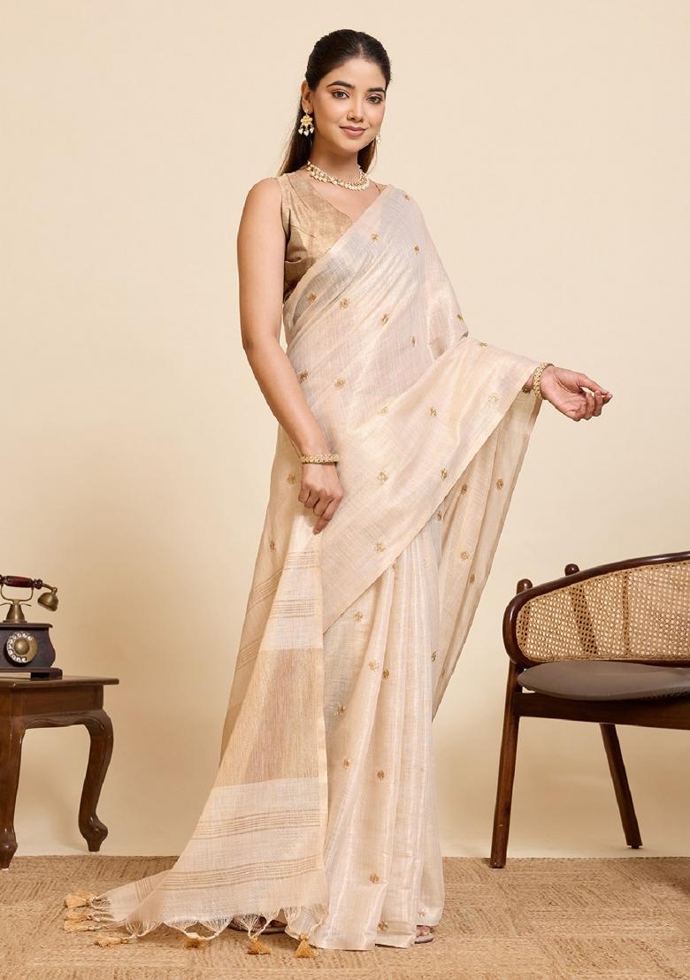 Golden Embroidered Silk Blend Saree Set - Indya