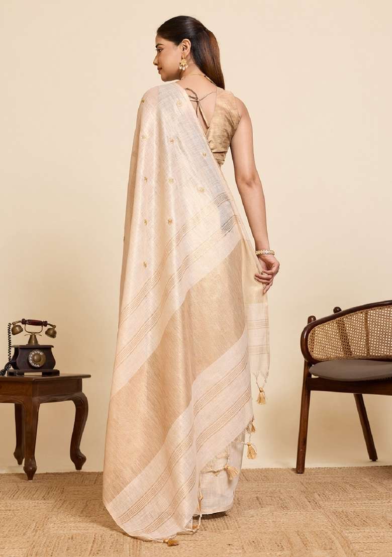 Golden Embroidered Silk Blend Saree Set for Diwali and Festive Wear - Indya