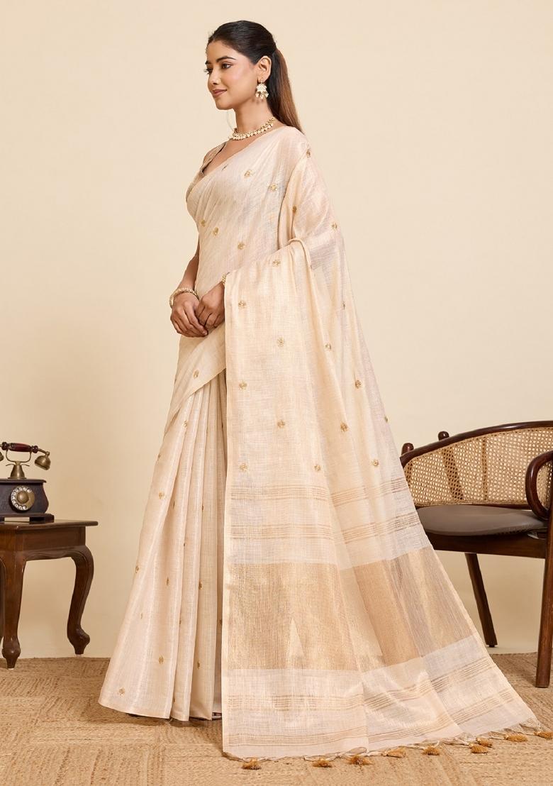Golden Embroidered Silk Blend Saree Set - Indya