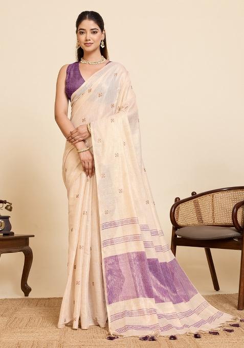 Purple Embroidered Silk Blend Saree Set