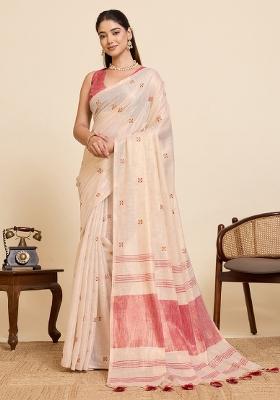Dusty Pink Embroidered Silk Blend Saree Set