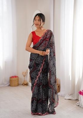 Black Printed Georgette Saree Set