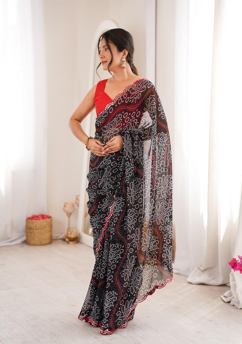 Black Printed Georgette Saree Set - Indya