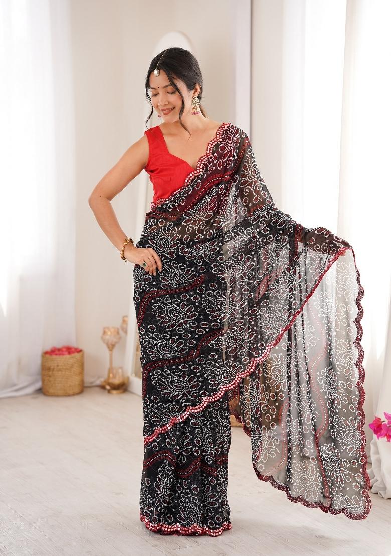 Black Printed Georgette Saree Set - Indya