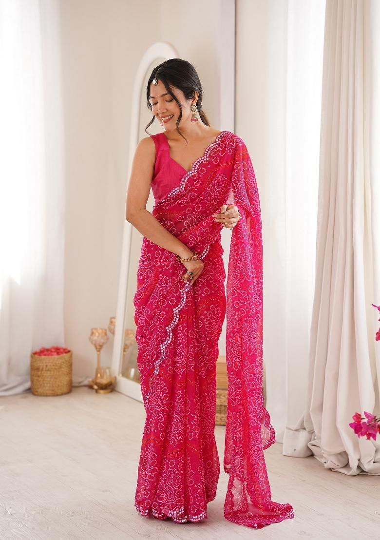 Pink Printed Georgette Saree Set - Indya