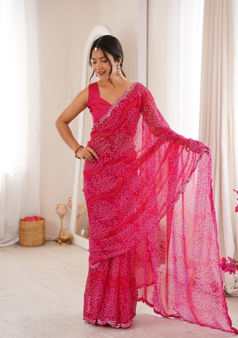 Pink Printed Georgette Saree Set - Indya