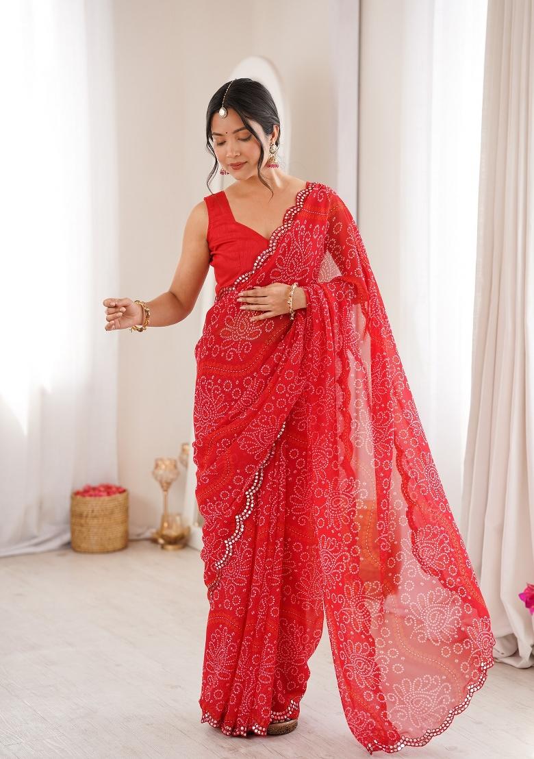 Red Printed Georgette Saree Set - Indya