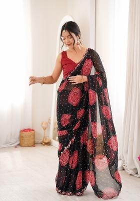 Black Printed Georgette Saree Set