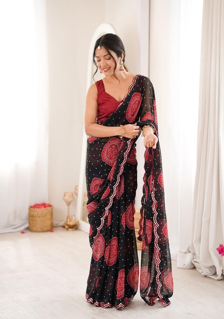 Black Printed Georgette Saree Set - Indya