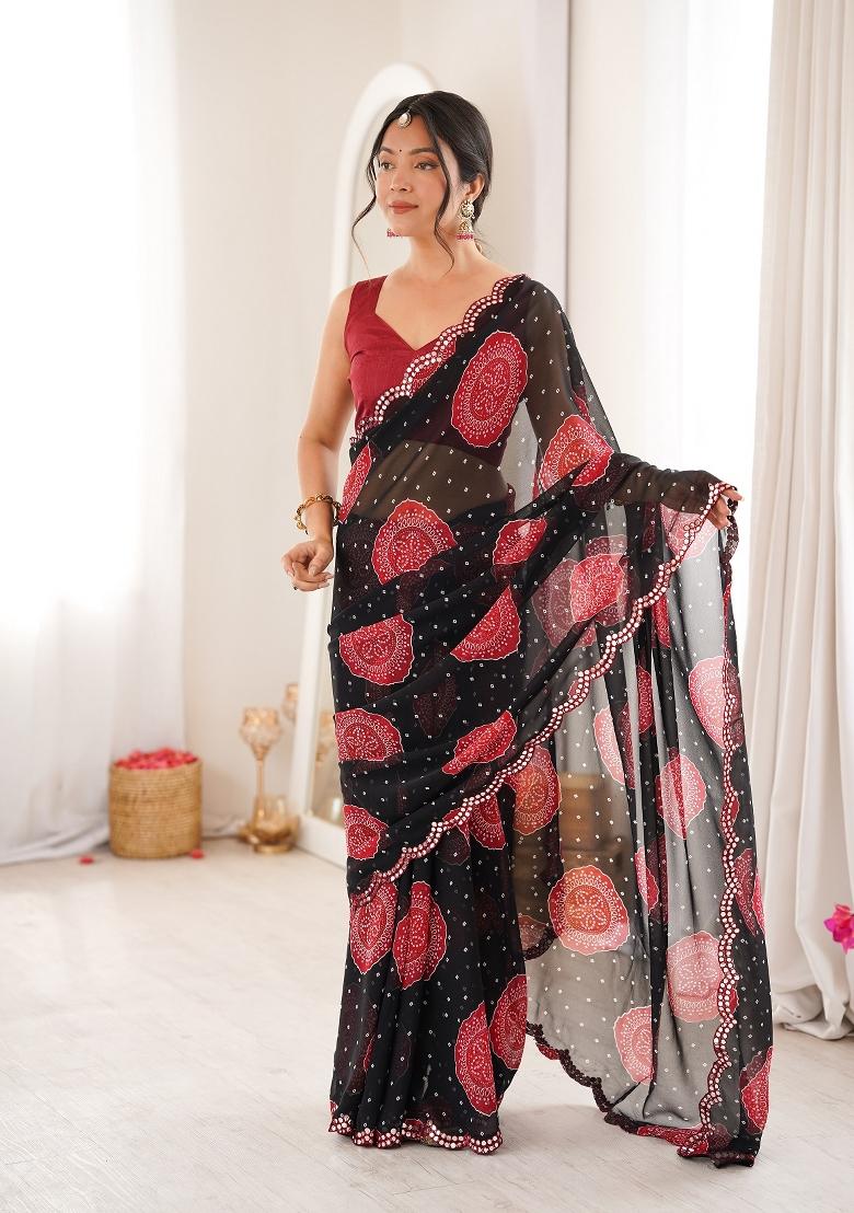 Black Printed Georgette Saree Set - Indya