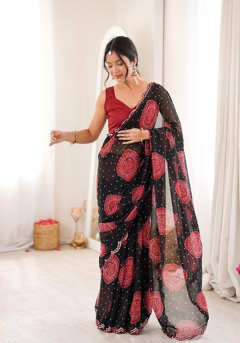 Black Printed Georgette Saree Set