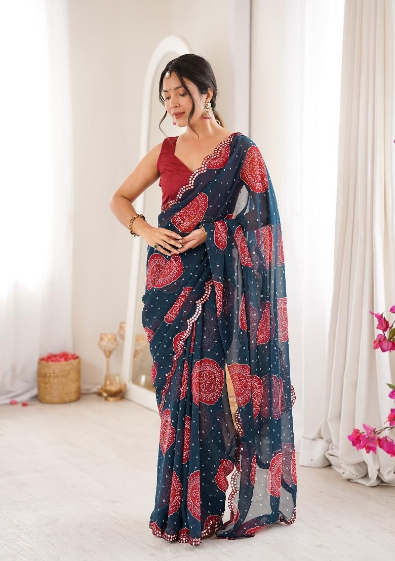 Petrol Printed Georgette Saree Set - Indya