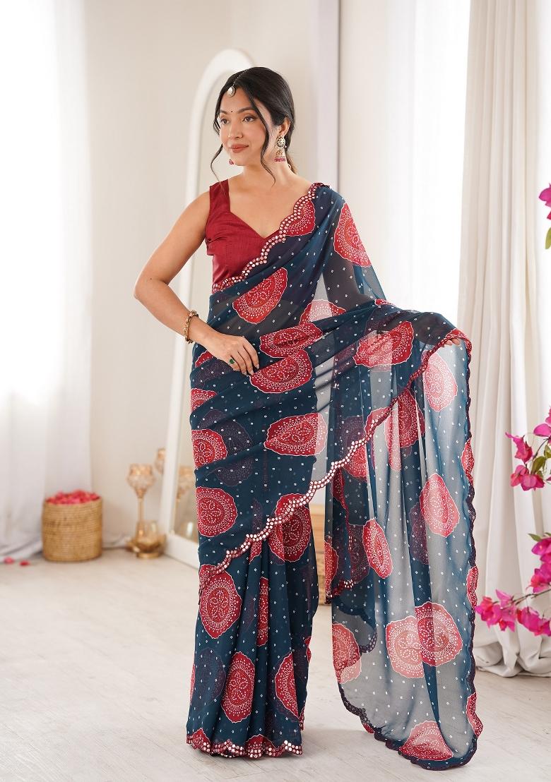 Petrol Printed Georgette Saree Set - Indya