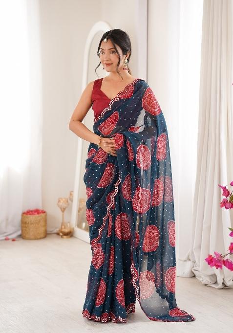 Petrol Printed Georgette Saree Set